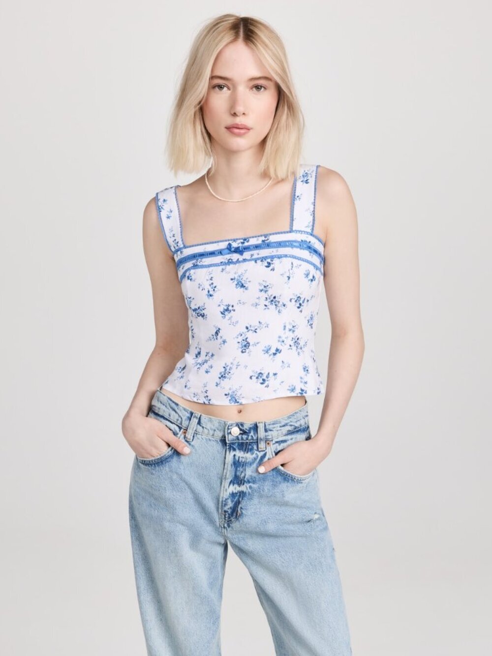 REFORMATION Eloise Orlaya White Blue Floral 100% Linen Ribbon Trim Tank, Size 6